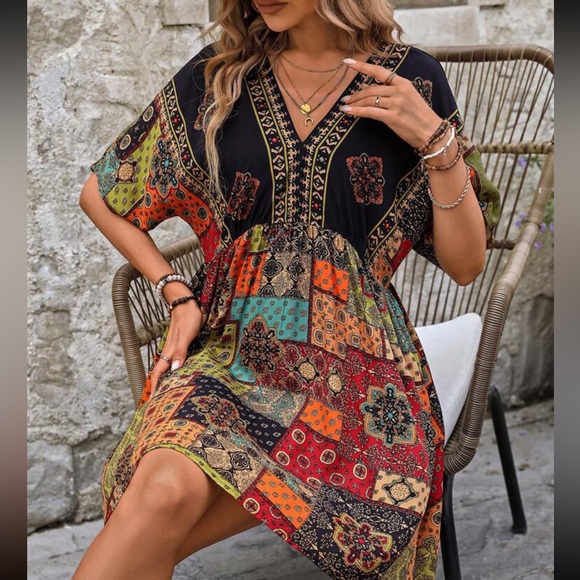 Boho patchwork print tie back dress - Picture 3 of 6
